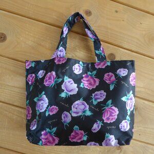 Rienda Black Purple Rose Floral Small Lunch Tote Bag Nylon